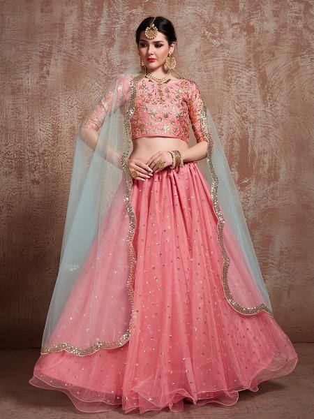 Myra Pink Soft Net Heavy Embroidered Lehenga - Distacart