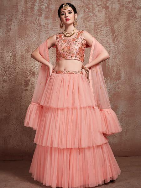 Myra Peach Soft Net Heavy Embroidered Lehenga - Distacart