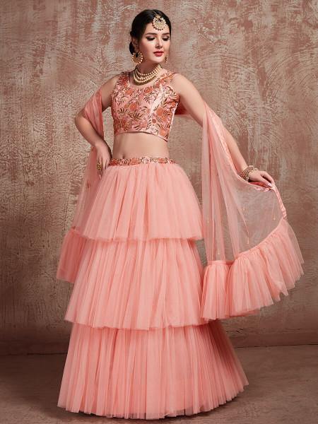 Myra Peach Soft Net Heavy Embroidered Lehenga - Distacart