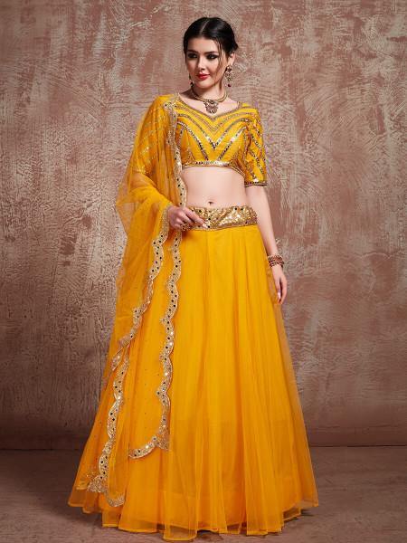Myra Musturd Soft Net Heavy Embroidered Lehenga - Distacart