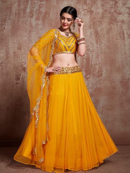 Myra Musturd Soft Net Heavy Embroidered Lehenga - Distacart