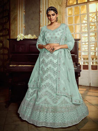 Myra Sky Blue Soft Net Heavy Embroidered Lehenga - Distacart