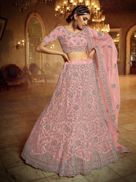 Myra Pink Soft Net Heavy Embroidered Lehenga - Distacart
