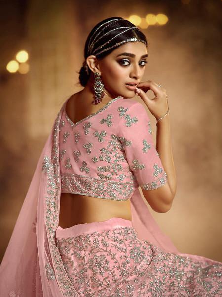 Myra Pink Soft Net Heavy Embroidered Lehenga - Distacart