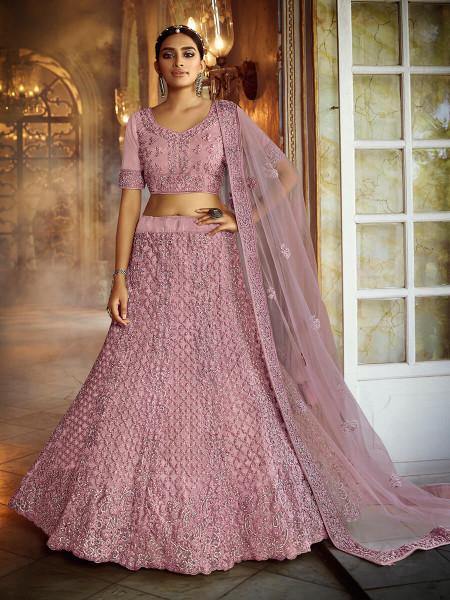 Myra Pink Soft Net Heavy Embroidered Lehenga - Distacart