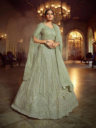 Myra Green Soft Net Heavy Embroidered Lehenga - Distacart