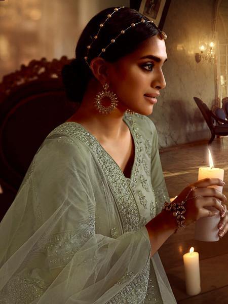 Myra Green Soft Net Heavy Embroidered Lehenga - Distacart