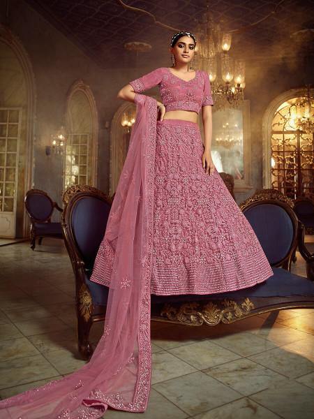 Myra Pink Soft Net Heavy Embroidered Lehenga - Distacart