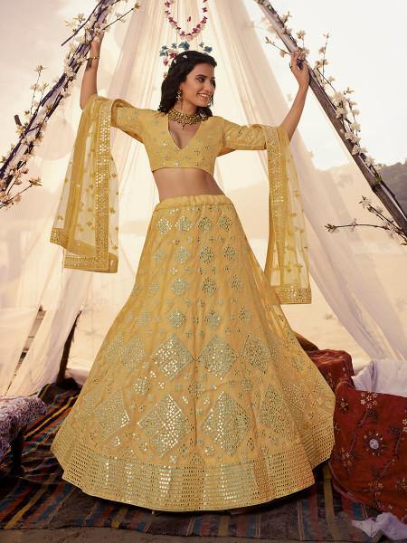 Myra Musturd Yellow Embroidered Organza Lehenga - Distacart