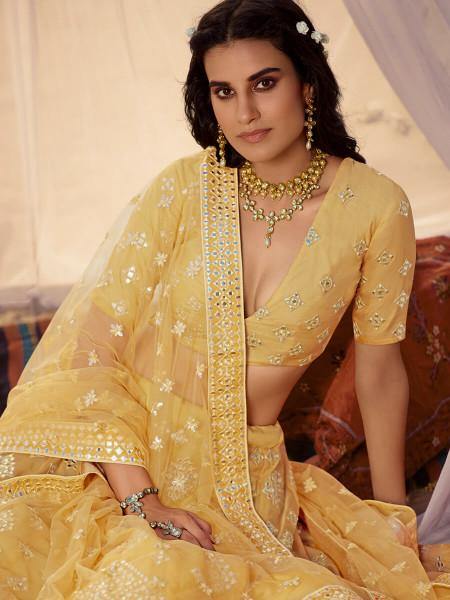 Myra Musturd Yellow Embroidered Organza Lehenga - Distacart