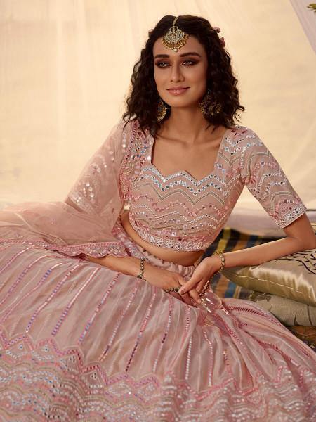 Myra Peach Embroidered Organza Leheng - Distacart