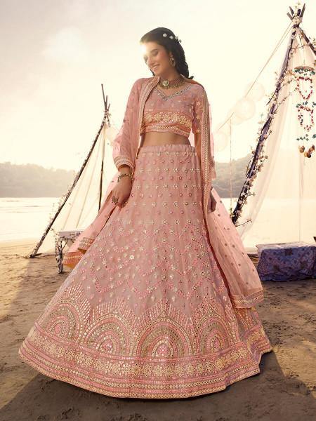Myra Peach Embroidered Organza Lehenga - Distacart