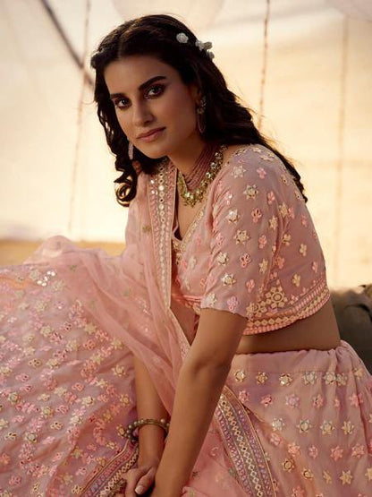 Myra Peach Embroidered Organza Lehenga - Distacart