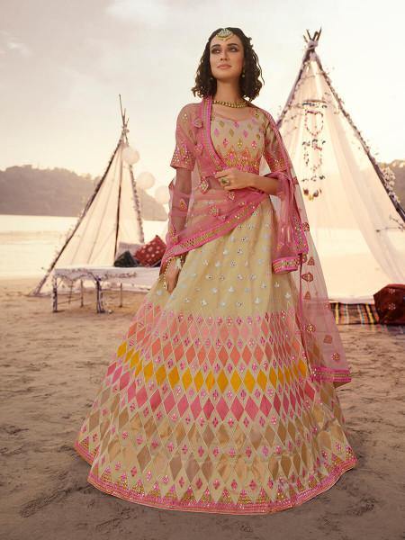 Myra Beige Embroidered Organza Lehenga - Distacart