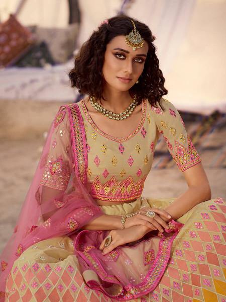 Myra Beige Embroidered Organza Lehenga - Distacart
