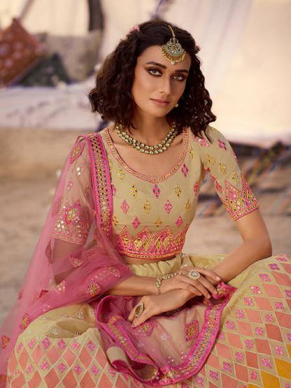 Myra Beige Embroidered Organza Lehenga - Distacart