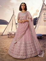 Thumbnail for Myra Baby Pink Embroidered Organza Lehenga - Distacart
