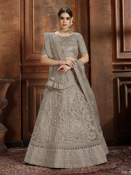 Myra Grey Soft Net Heavy Embroidered Lehenga - Distacart