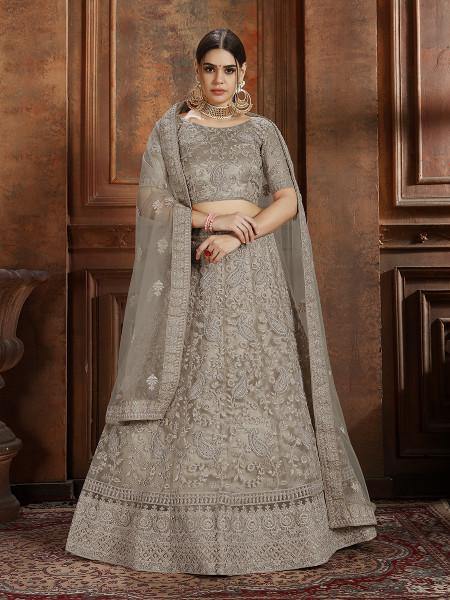 Myra Grey Soft Net Heavy Embroidered Lehenga - Distacart