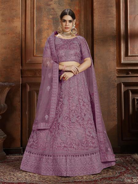 Myra Purple Soft Net Heavy Embroidered Lehenga - Distacart