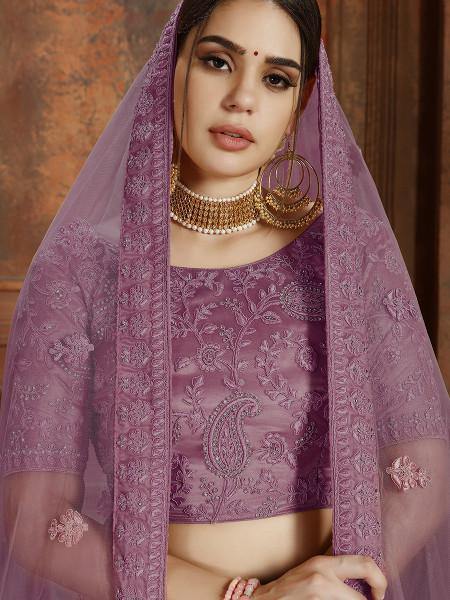 Myra Purple Soft Net Heavy Embroidered Lehenga - Distacart
