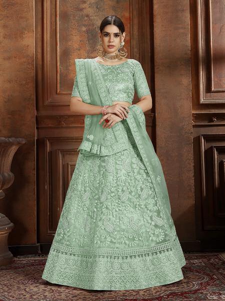 Myra Pista Green Soft Net Heavy Embroidered Lehenga - Distacart