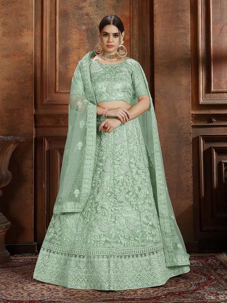 Myra Pista Green Soft Net Heavy Embroidered Lehenga - Distacart