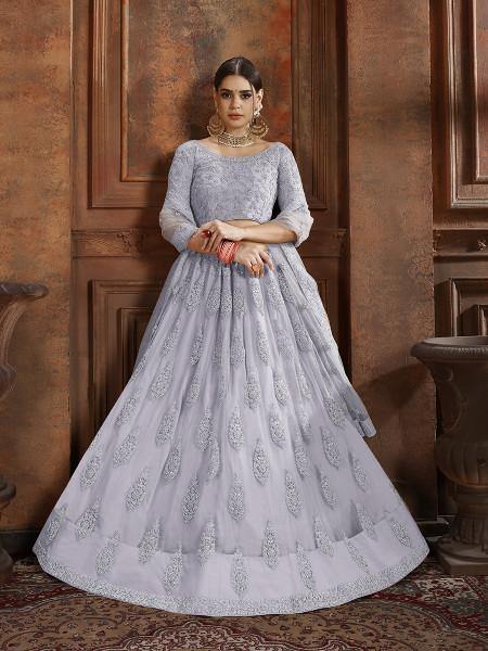 Myra Grey Soft Net Heavy Embroidered Lehenga - Distacart
