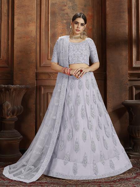 Myra Grey Soft Net Heavy Embroidered Lehenga - Distacart