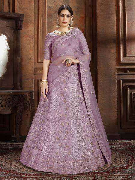 Myra Purple Soft Net Heavy Embroidered Lehenga - Distacart