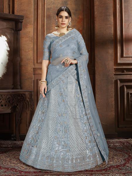 Myra Sky Blue Soft Net Heavy Embroidered Lehenga - Distacart