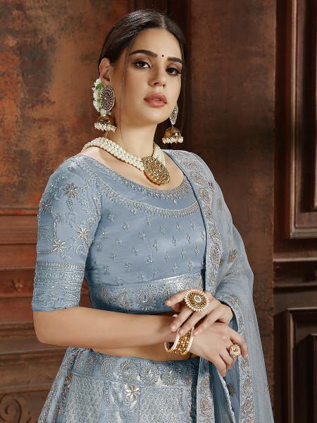 Myra Sky Blue Soft Net Heavy Embroidered Lehenga - Distacart