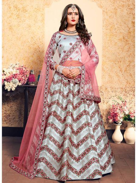 Myra Grey Satin Embroidered Lehenga - Distacart