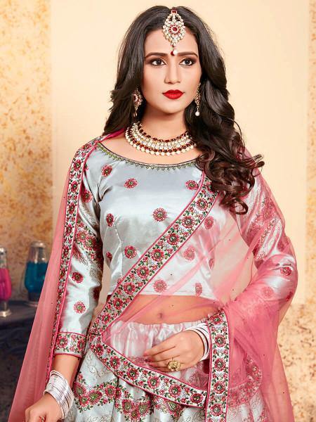 Myra Grey Satin Embroidered Lehenga - Distacart