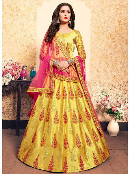 Myra Yellow Satin Embroidered Lehenga - Distacart