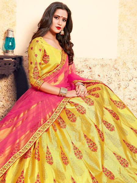 Myra Yellow Satin Embroidered Lehenga - Distacart