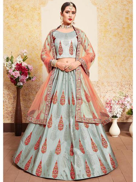 Myra Grey Satin Embroidered Lehenga - Distacart