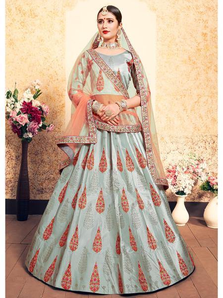 Myra Grey Satin Embroidered Lehenga - Distacart