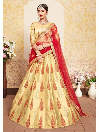 Myra Beige Satin Embroidered Lehenga - Distacart