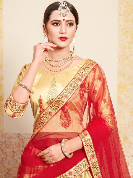 Myra Beige Satin Embroidered Lehenga - Distacart
