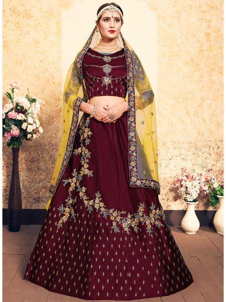 Myra Maroon Satin Embroidered Lehenga - Distacart