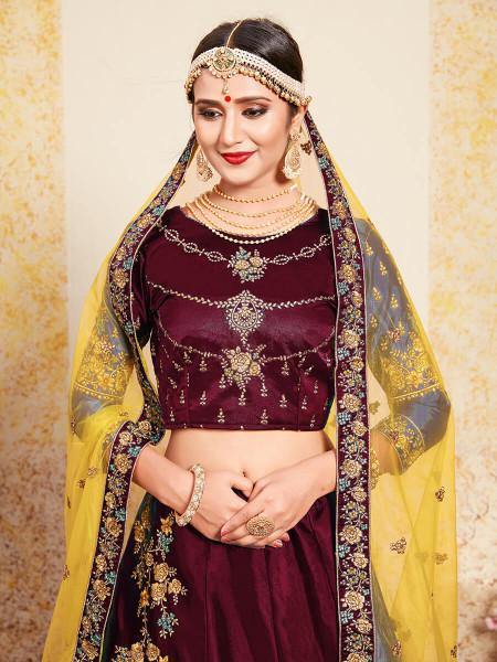 Myra Maroon Satin Embroidered Lehenga - Distacart
