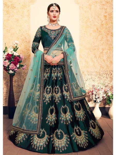 Myra Dark Green Satin Embroidered Lehenga - Distacart