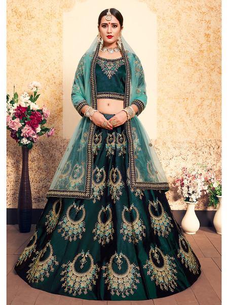 Myra Dark Green Satin Embroidered Lehenga - Distacart
