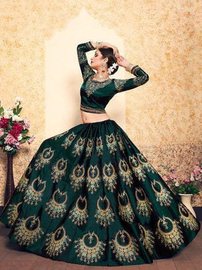 Myra Dark Green Satin Embroidered Lehenga - Distacart