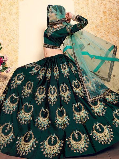 Myra Dark Green Satin Embroidered Lehenga - Distacart