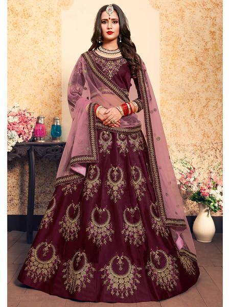 Myra Brown Satin Embroidered Lehenga - Distacart