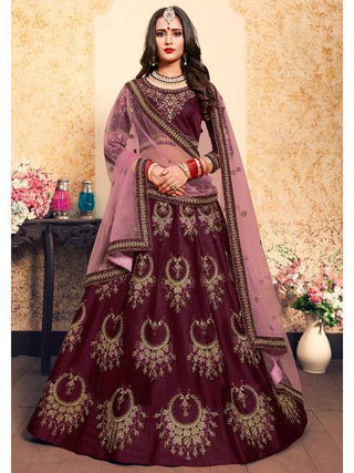 Myra Brown Satin Embroidered Lehenga - Distacart