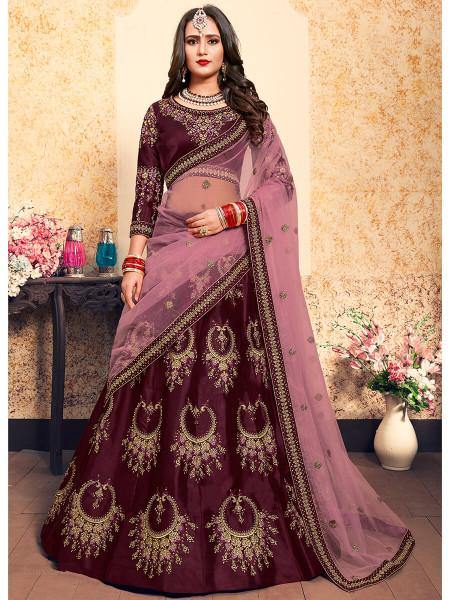 Myra Brown Satin Embroidered Lehenga - Distacart