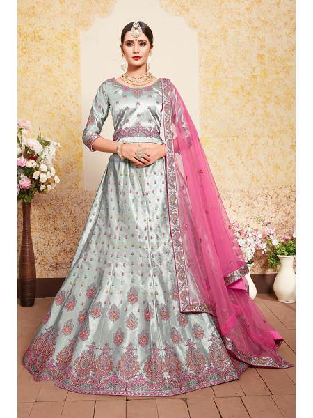 Myra Grey Satin Embroidered Lehenga - Distacart
